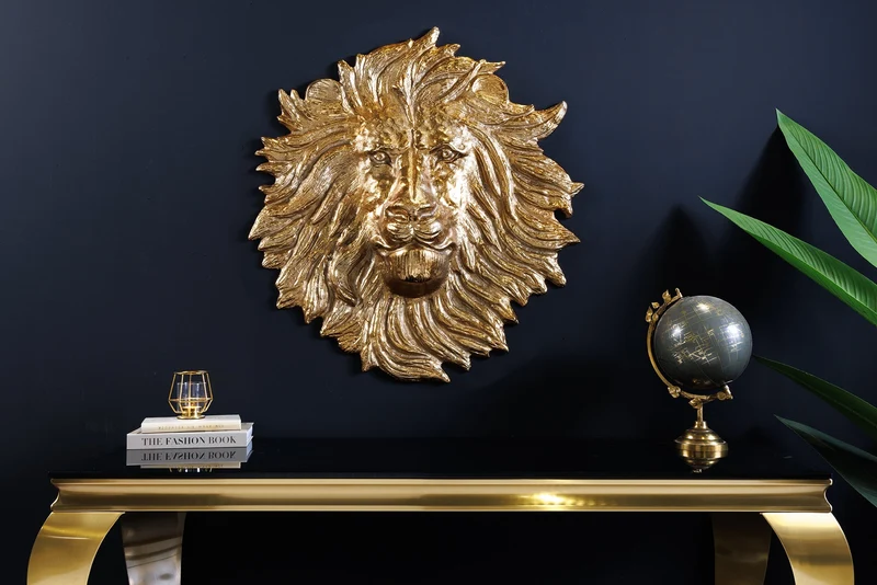 Décoration murale dorée LION SAUVAGE 60cm sculpture tête de lion en métal doré fait main