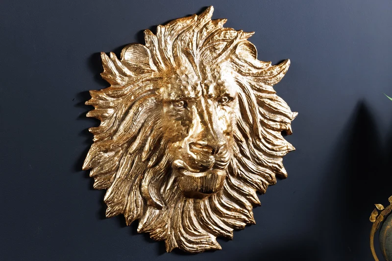 Décoration murale dorée LION SAUVAGE 60cm sculpture tête de lion en métal doré fait main