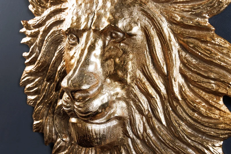 Décoration murale dorée LION SAUVAGE 60cm sculpture tête de lion en métal doré fait main