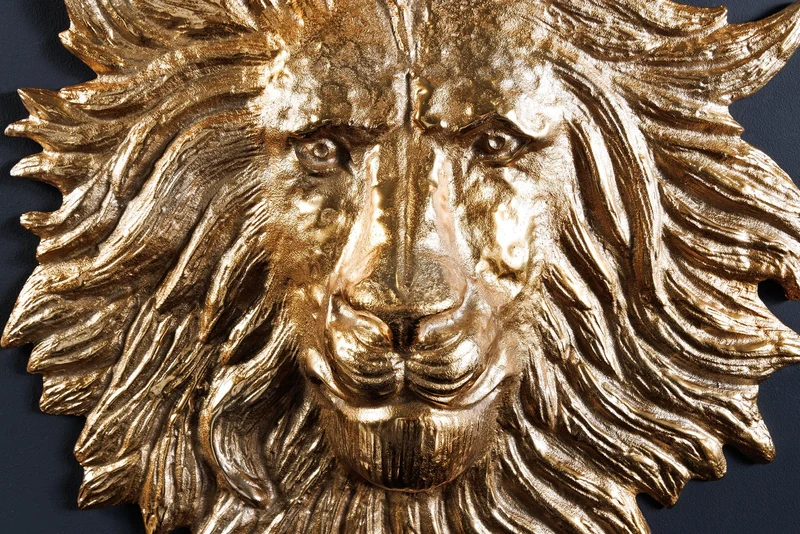 Décoration murale dorée LION SAUVAGE 60cm sculpture tête de lion en métal doré fait main