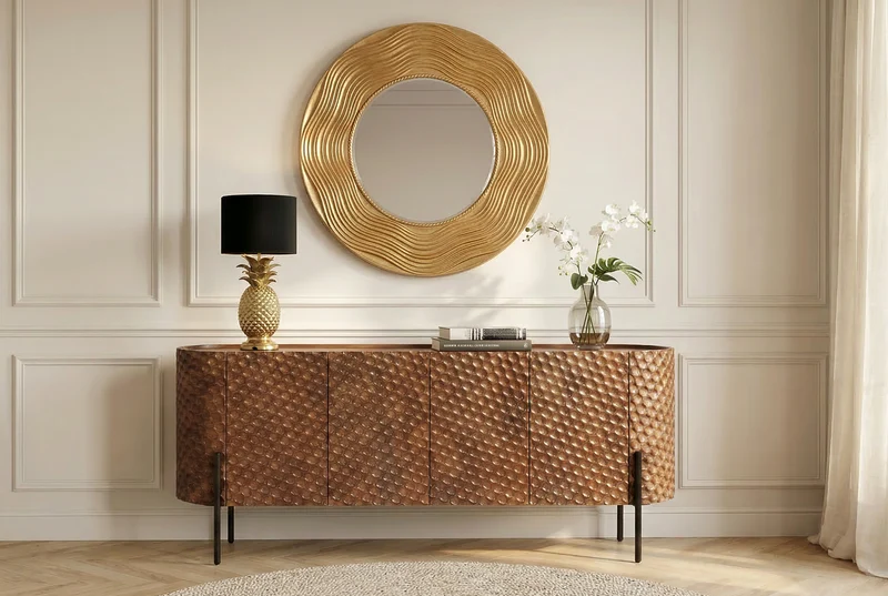 Élégant miroir mural CIRCLE 100cm rond doré avec cadre décoré