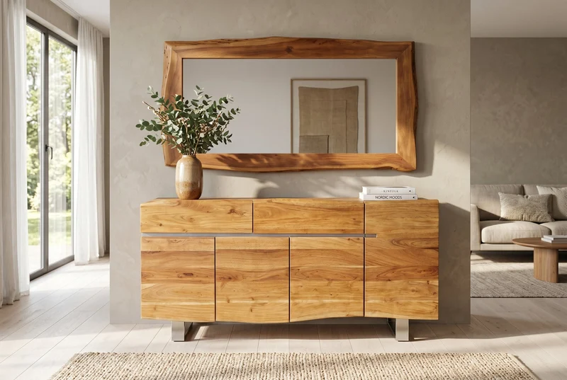 Miroir massif MAMMUT 160cm marron bois d'acacia bord d'arbre miroir mural