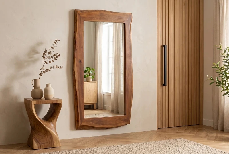 Miroir massif MAMMUT 160cm marron bois d'acacia bord d'arbre miroir mural