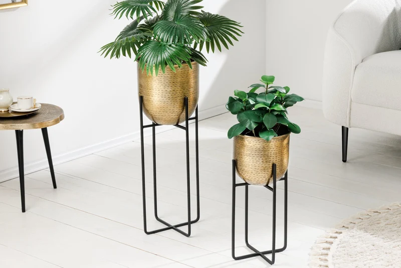 Lot de 2 pots de fleurs UNITÉ 70/50cm métal noir doré design martelé