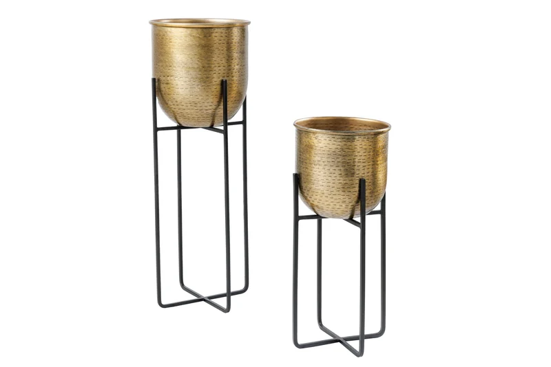 Lot de 2 pots de fleurs UNITÉ 70/50cm métal noir doré design martelé