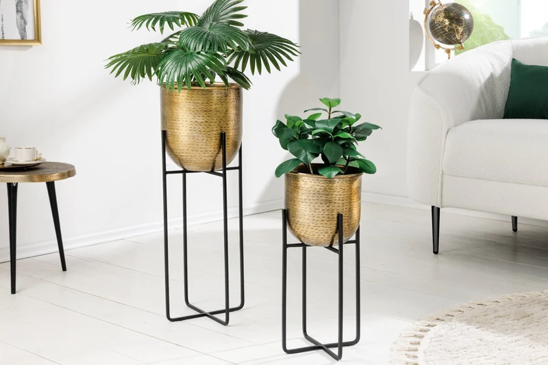 Lot de 2 pots de fleurs UNITÉ 70/50cm métal noir doré design martelé