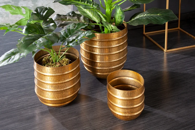 Lot de 3 pots de fleurs ORIENT 25/20/15cm métal doré design martelé