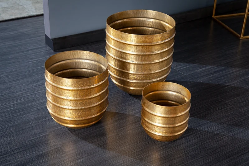 Lot de 3 pots de fleurs ORIENT 25/20/15cm métal doré design martelé