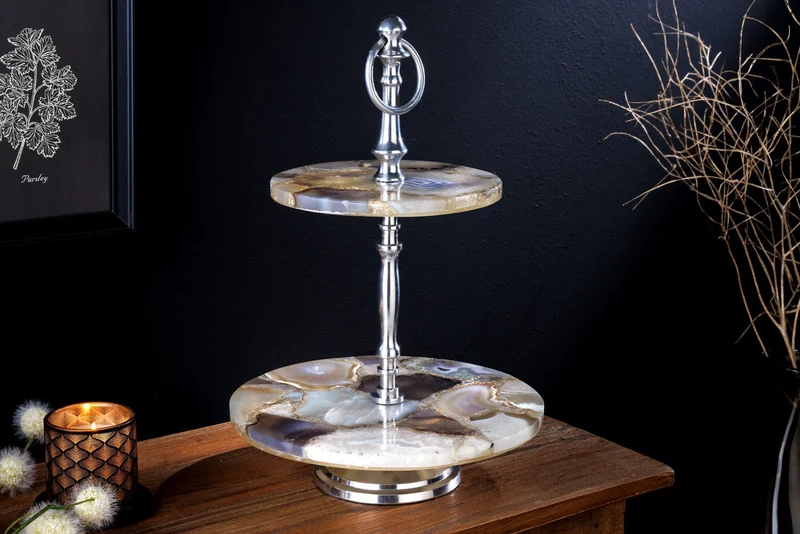 Lot de 2x Présentoir à gâteau décoratif NOBLE 35cm argent pierre précieuse fait main agate quartz aluminium