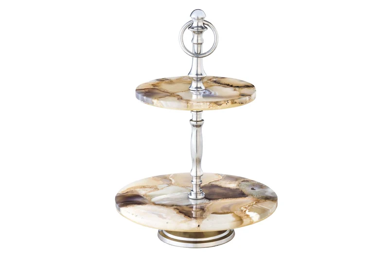 Lot de 2x Présentoir à gâteau décoratif NOBLE 35cm argent pierre précieuse fait main agate quartz aluminium