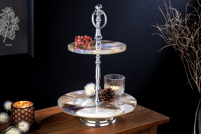 Lot de 2x Présentoir à gâteau décoratif NOBLE 35cm argent pierre précieuse fait main agate quartz aluminium