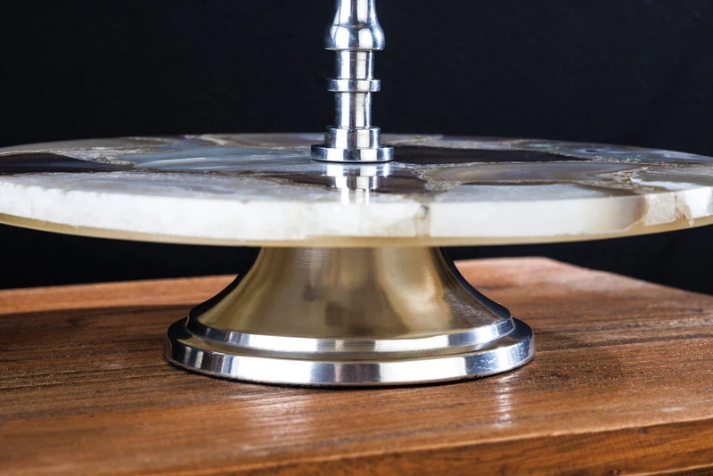 Lot de 2x Présentoir à gâteau décoratif NOBLE 35cm argent pierre précieuse fait main agate quartz aluminium