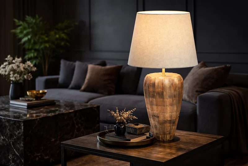 Lampe de table fabriquée à la main PURE NATURE 65cm blanc naturel bois de manguier avec abat-jour en tissu (réf. 48095)