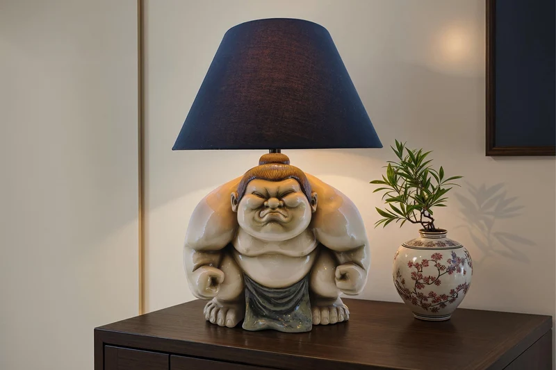 Lampe de table faite à la main SUMO 50cm noir sculpture abat-jour en tissu
