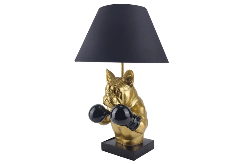 Lampe de table artisanale BULLDOG 55cm noir or abat-jour en tissu sculpture de chien Boxer
