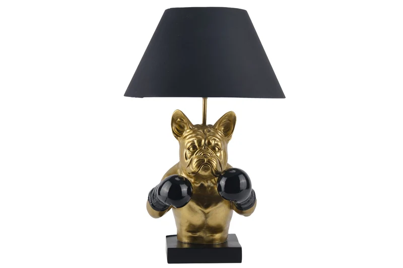 Lampe de table artisanale BULLDOG 55cm noir or abat-jour en tissu sculpture de chien Boxer