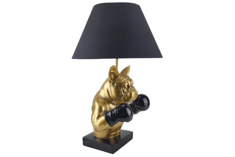 Lampe de table artisanale BULLDOG 55cm noir or abat-jour en tissu sculpture de chien Boxer