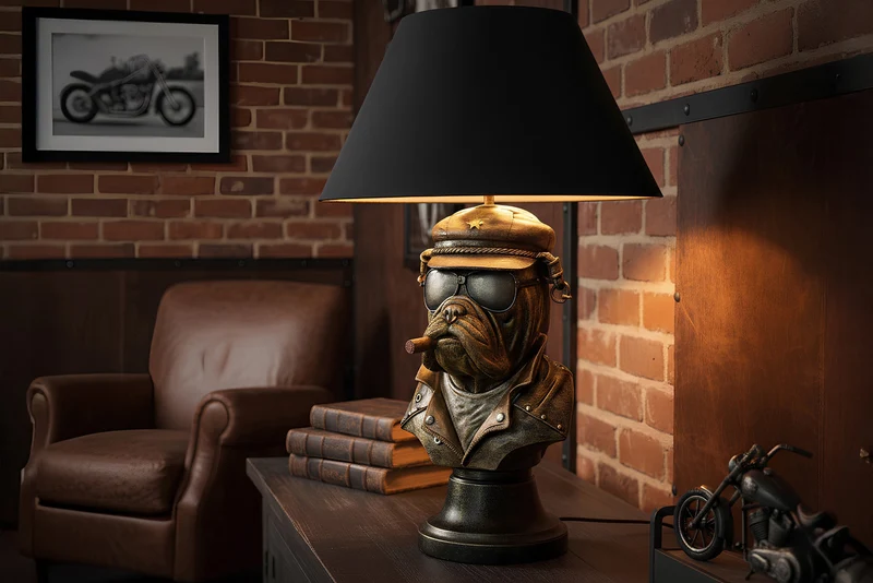 Lampe de table artisanale BULLDOG 55cm bronze noir abat-jour en tissu sculpture de chien