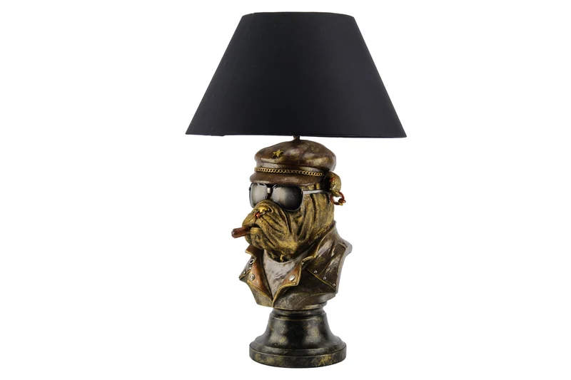 Lampe de table artisanale BULLDOG 55cm bronze noir abat-jour en tissu sculpture de chien