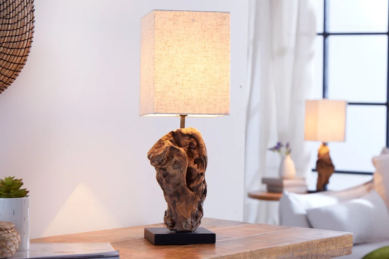 Lot de 2x Lampe de table artisanale en bois flotté HYPNOTIC 45cm beige avec abat-jour en lin