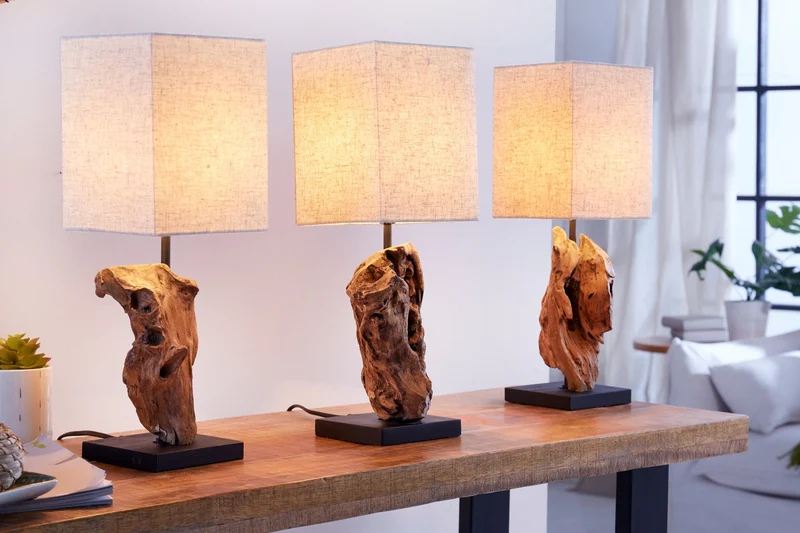 Lot de 2x Lampe de table artisanale en bois flotté HYPNOTIC 45cm beige avec abat-jour en lin