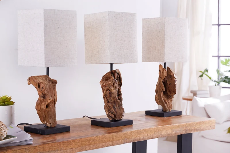 Lot de 2x Lampe de table artisanale en bois flotté HYPNOTIC 45cm beige avec abat-jour en lin
