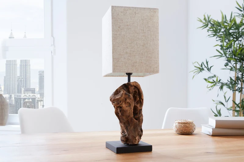 Lot de 2x Lampe de table artisanale en bois flotté HYPNOTIC 45cm beige avec abat-jour en lin