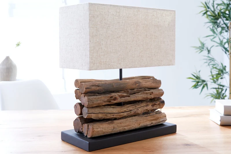 Lampe de table faite main PERIFERE 40 cm abat-jour en lin bois flotté beige