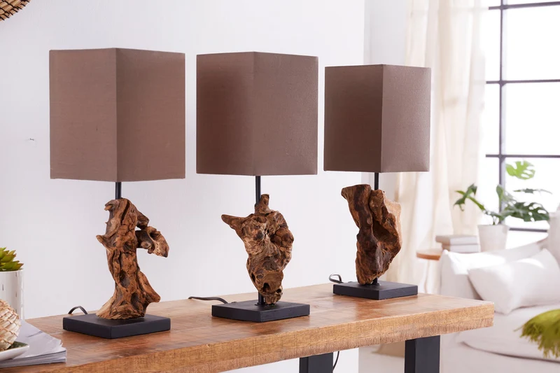 Lot de 2x Lampe de table artisanale en bois flotté HYPNOTIC 45cm marron avec abat-jour en lin