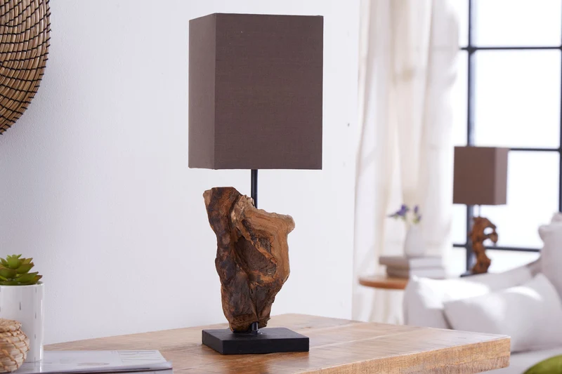 Lot de 2x Lampe de table artisanale en bois flotté HYPNOTIC 45cm marron avec abat-jour en lin