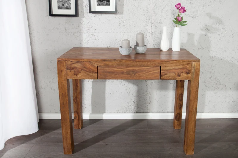 Table console secrétaire massive MAKASSAR 100 cm finition pierre de Sheesham marron