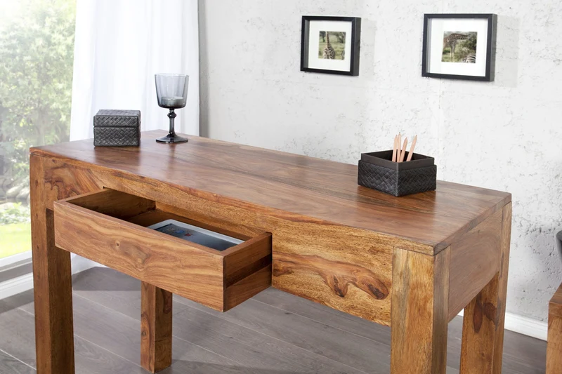 Table console secrétaire massive MAKASSAR 100 cm finition pierre de Sheesham marron