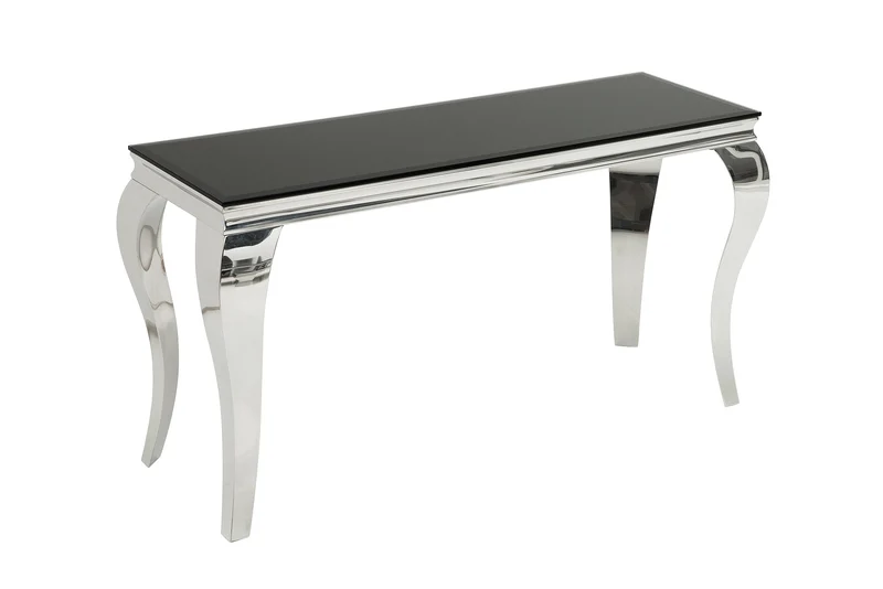 Console élégante MODERN BAROCK 145cm verre opale noir pieds inox