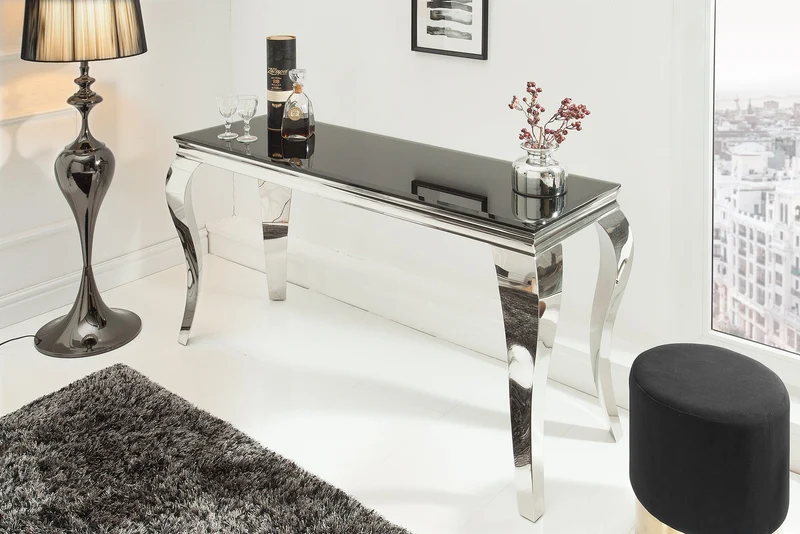 Console élégante MODERN BAROCK 145cm verre opale noir pieds inox