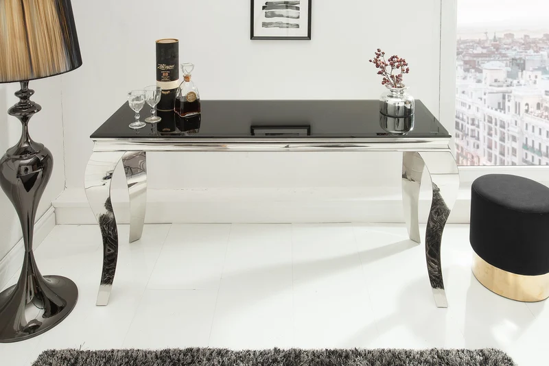 Console élégante MODERN BAROCK 145cm verre opale noir pieds inox