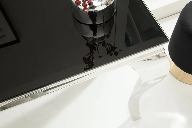 Console élégante MODERN BAROCK 145cm verre opale noir pieds inox
