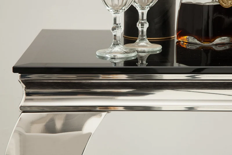 Console élégante MODERN BAROCK 145cm verre opale noir pieds inox