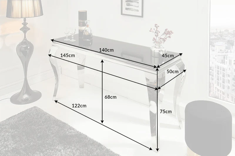 Console élégante MODERN BAROCK 145cm verre opale noir pieds inox