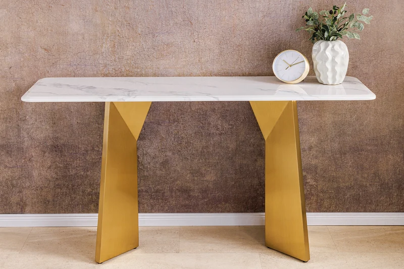 Console design EXTRAVAGANCIA 140cm marbre blanc métal doré champagne brossé