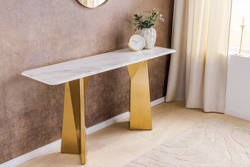 Console design EXTRAVAGANCIA 140cm marbre blanc métal doré champagne brossé