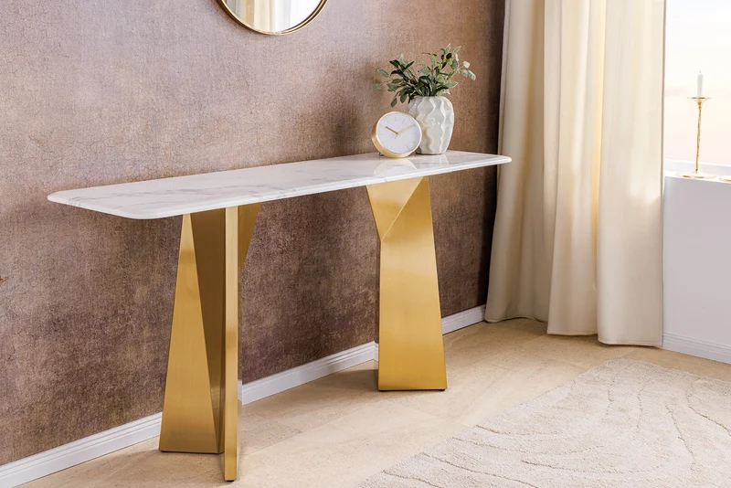 Console design EXTRAVAGANCIA 140cm marbre blanc métal doré champagne brossé