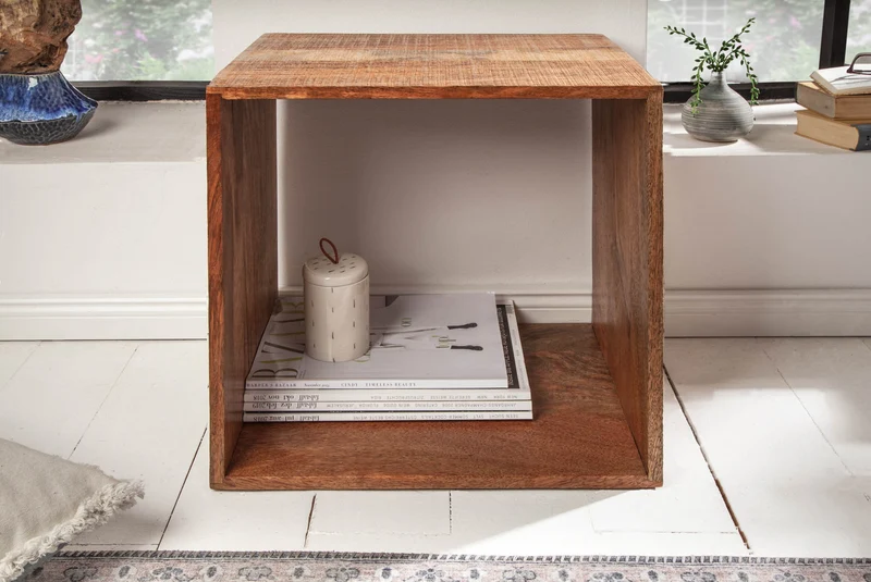 Table d'appoint artisanale MAKASSAR 45cm en bois de manguier naturel et bois massif, table de chevet étagère