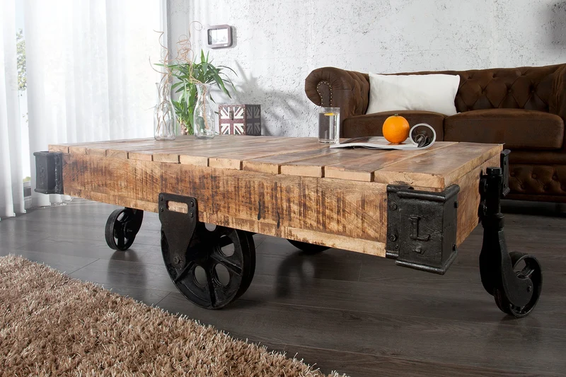 Table basse design solide RAILWAY 110cm en bois de manguier avec 4 roulettes