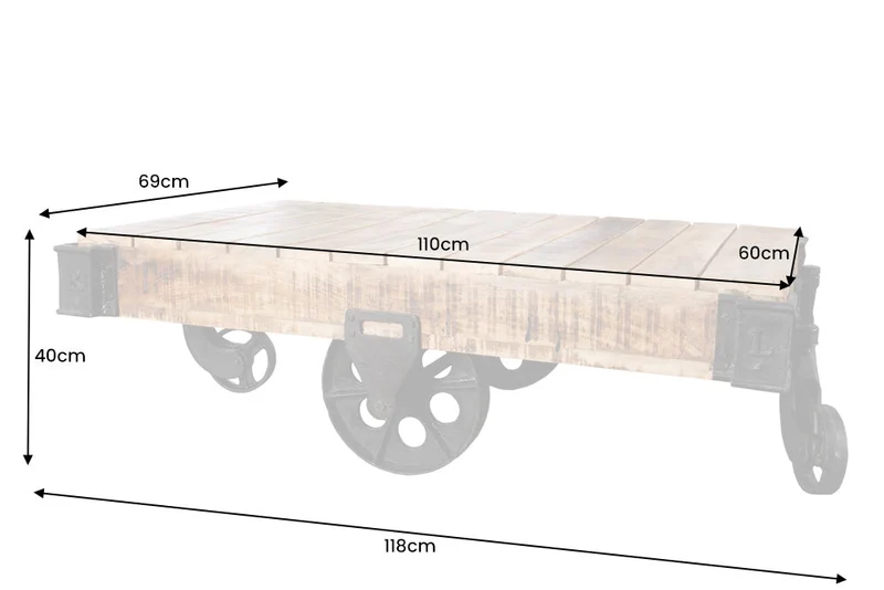 Table basse design solide RAILWAY 110cm en bois de manguier avec 4 roulettes