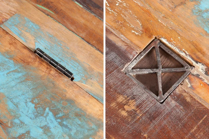 Table basse solide JAKARTA 70cm coffre coloré en bois de bateaux de pêche recyclé avec tiroirs