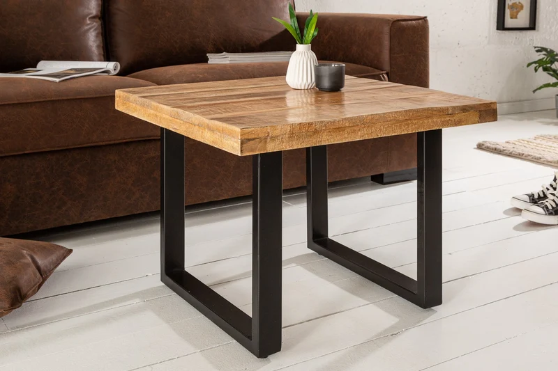 Table basse massive IRON CRAFT 60cm en bois de manguier design industriel