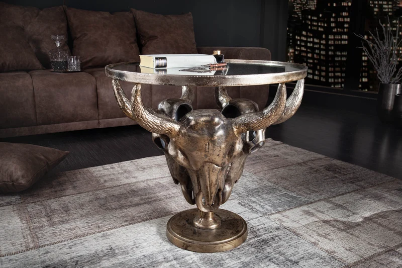 Table basse extravagante MATADOR 56cm tête de taureau en bronze avec plateau en verre