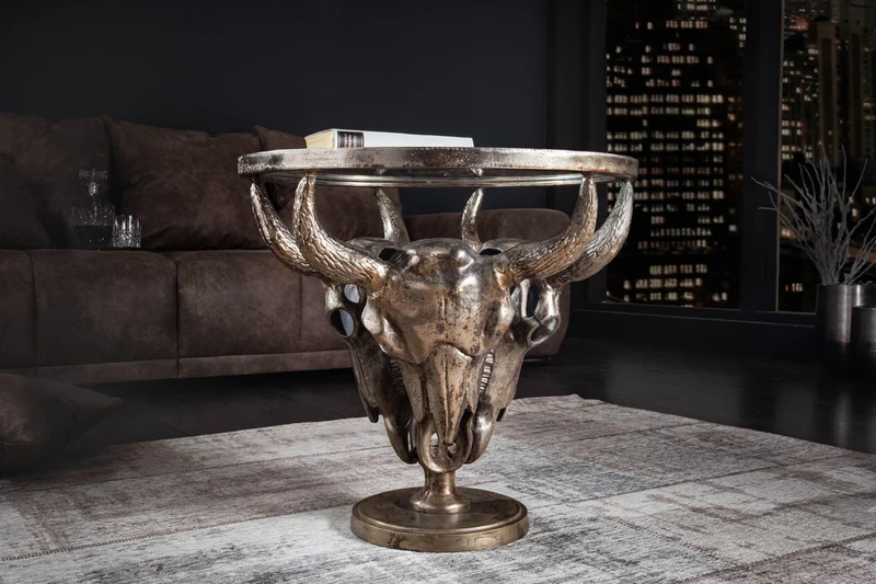 Table basse extravagante MATADOR 56cm tête de taureau en bronze avec plateau en verre