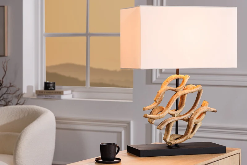 Design lampe de table WAVE 60cm naturel bois massif handmade blanc abat-jour en coton