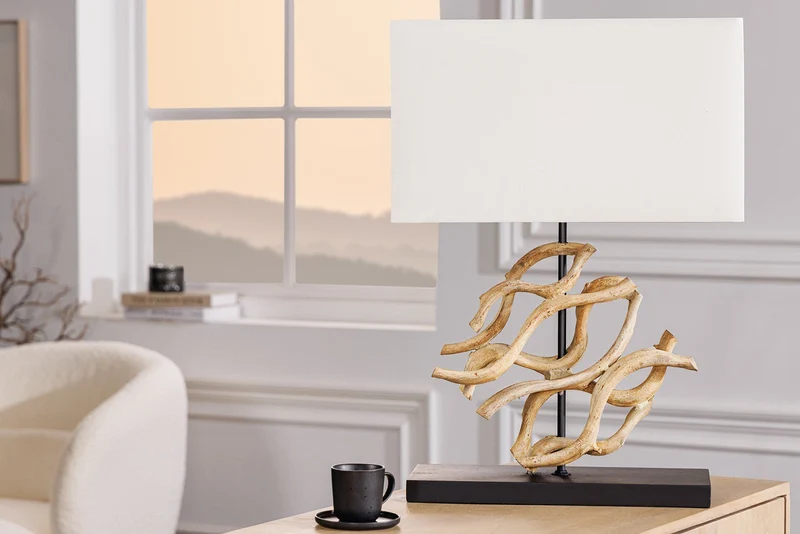 Design lampe de table WAVE 60cm naturel bois massif handmade blanc abat-jour en coton